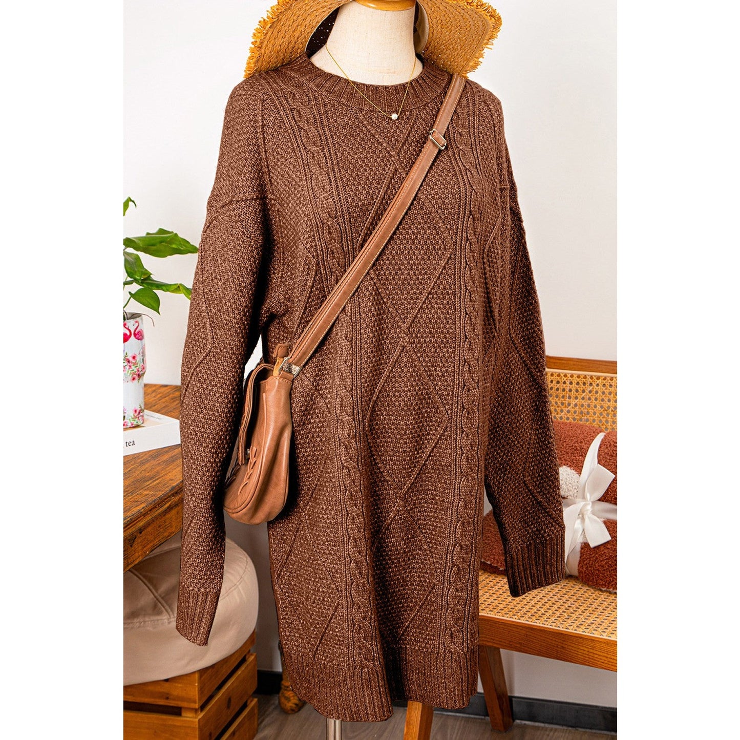 Kenna Coffee Cable Knit Drop Shoulder Loose Fit Sweater Dress