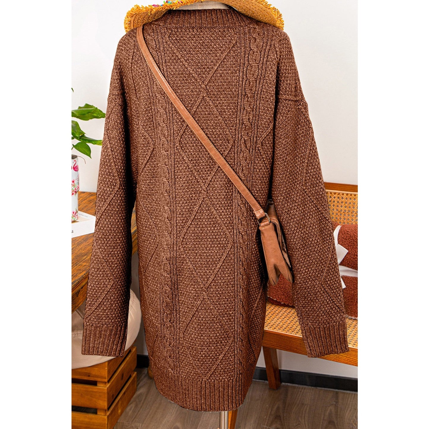 Kenna Coffee Cable Knit Drop Shoulder Loose Fit Sweater Dress