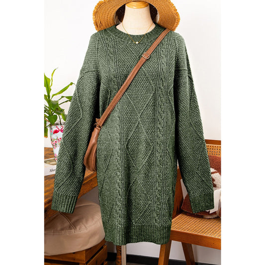 Kenna Green Cable Knit Drop Shoulder Loose Fit Sweater Dress