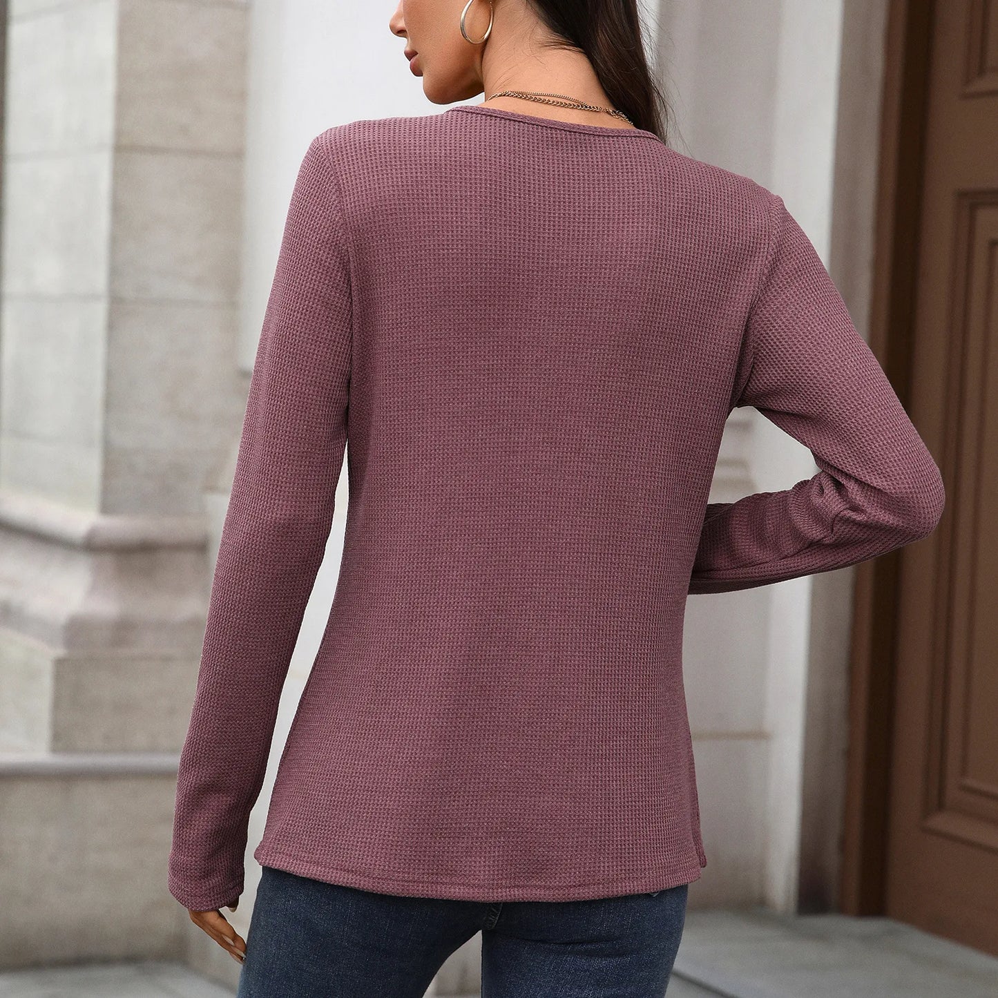 Keri Mauve Moments Waffle Henley Top