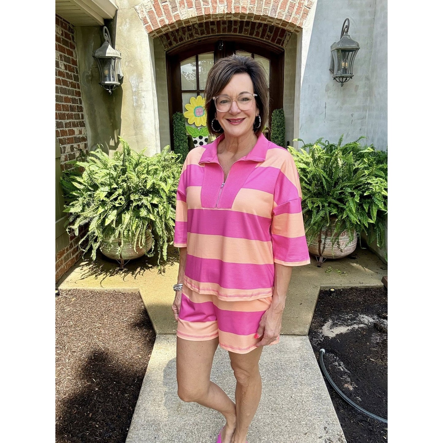 Kessy Pink Seam Detail Half Zip Tee Casual Shorts 2pcs Set