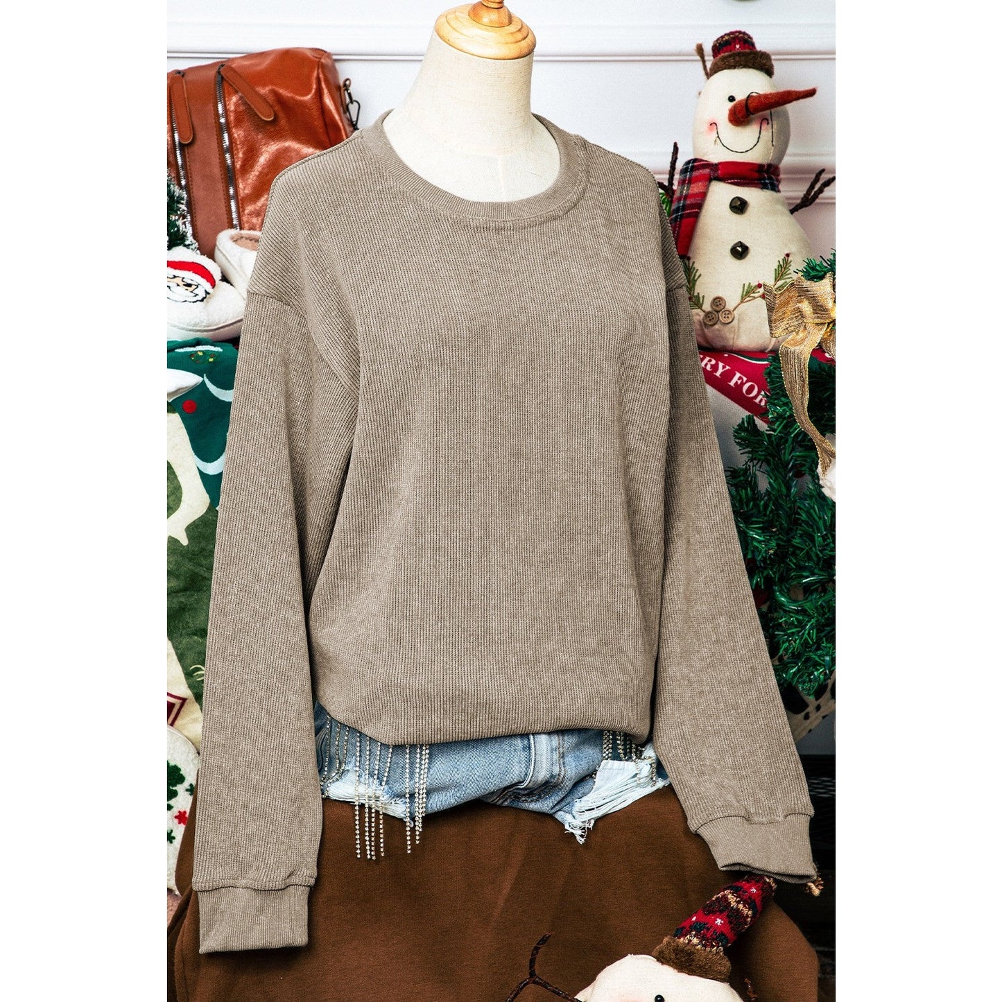 Kelis Khaki Solid Ribbed Knit Round Neck Pullover Sweatshirt