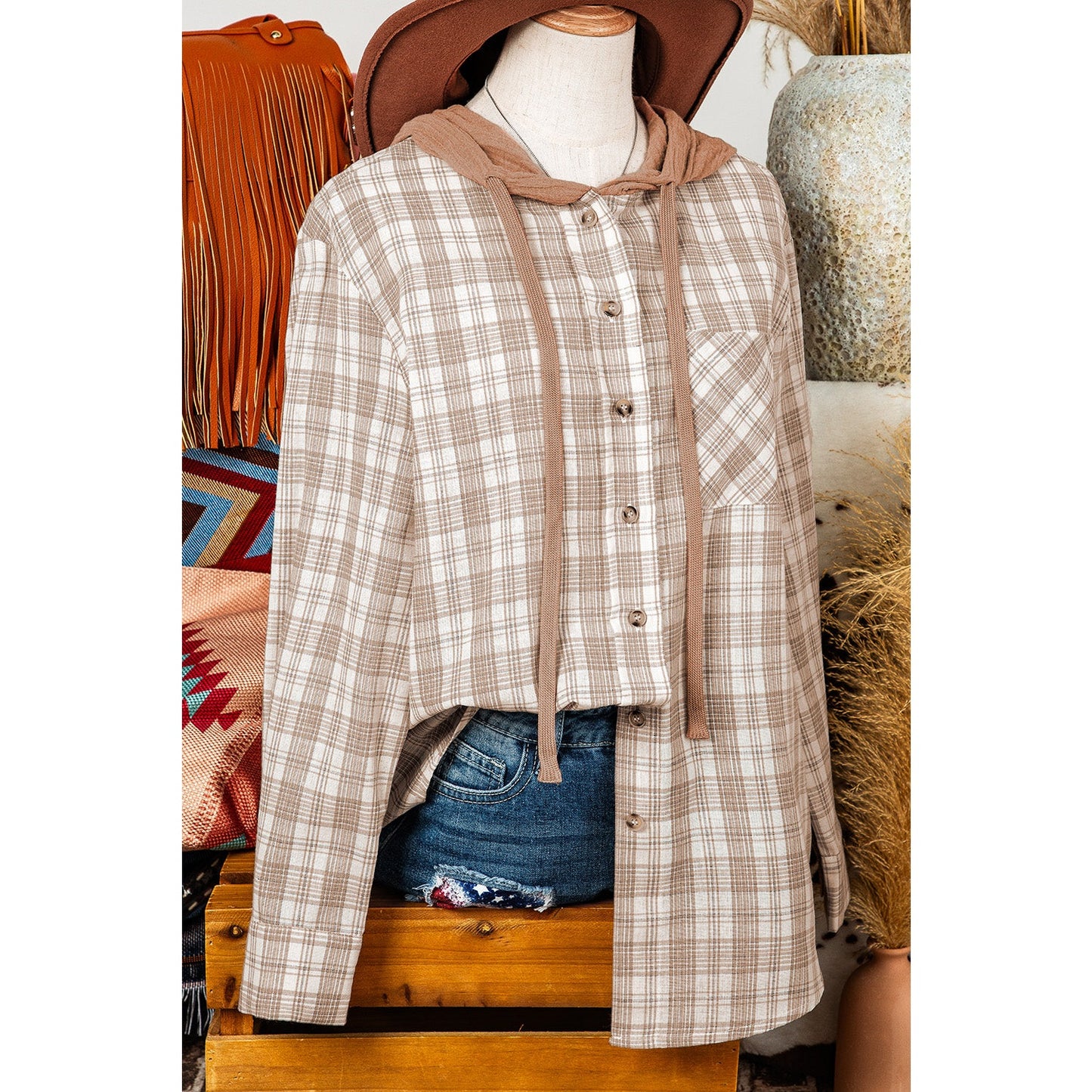 Wisteria Khaki Checkered Print Loose Fit Buttoned Hooded Shacket