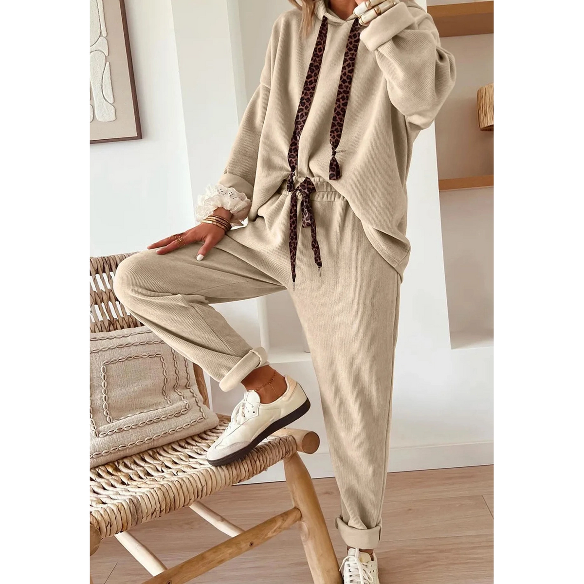 Andria Parchment Lace Drawstring Pullover Hoodie and High Waist Pants Corduroy Suit