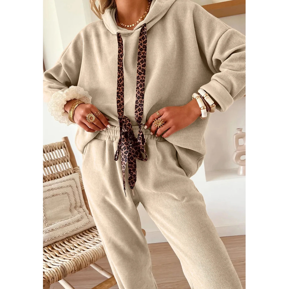 Andria Parchment Lace Drawstring Pullover Hoodie and High Waist Pants Corduroy Suit