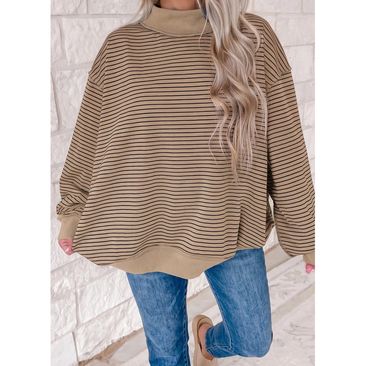 Nataly Khaki Stripe Ribbed Color Block Mock Neck Oversized Sweatshirt