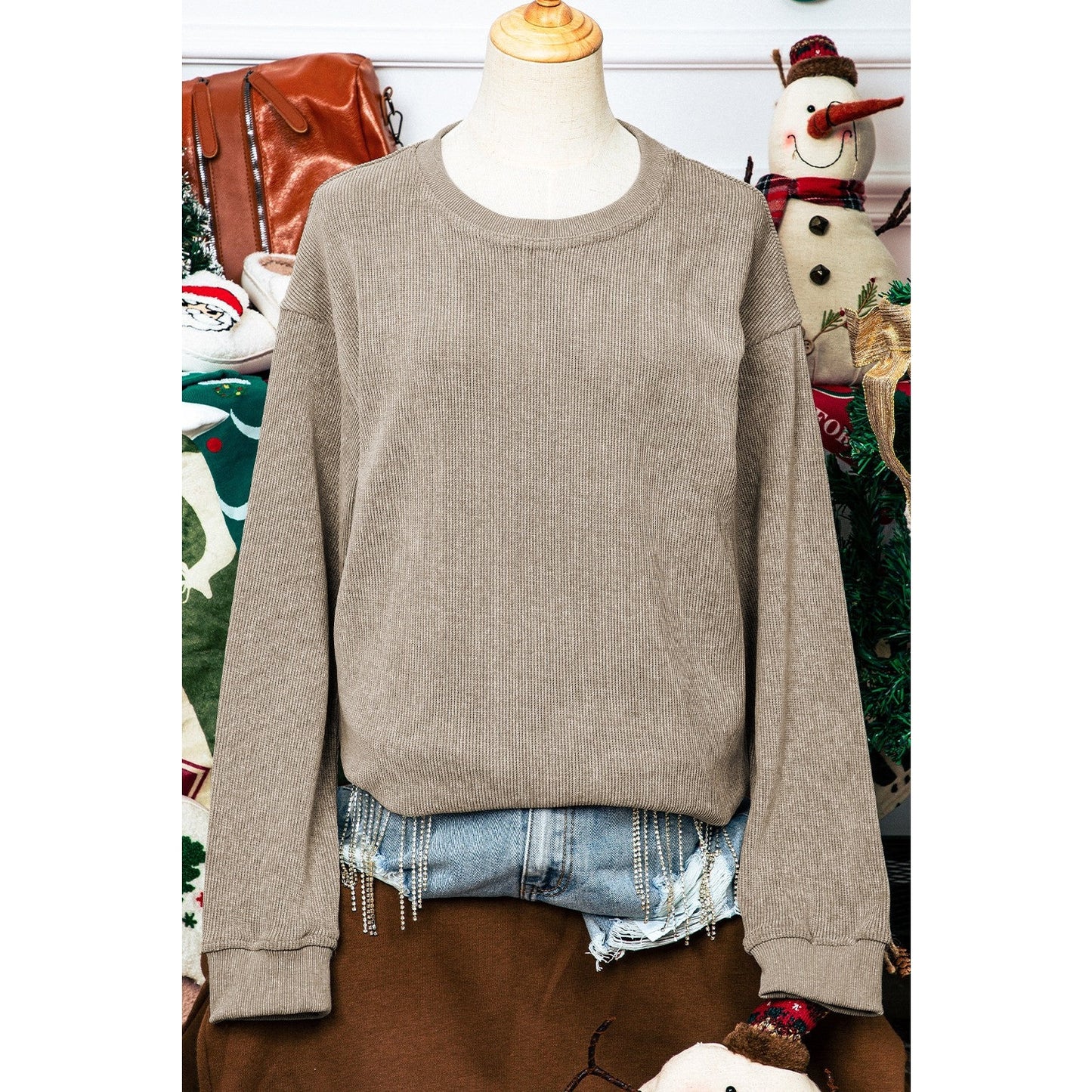 Kelis Khaki Solid Ribbed Knit Round Neck Pullover Sweatshirt