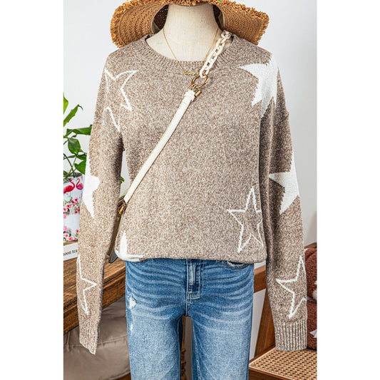 Lynda Khaki Star Pattern Drop Shoulder Sweater