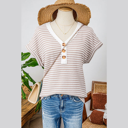 Jennie Khaki Stripe Buttoned Front V Neck Knitted T Shirt