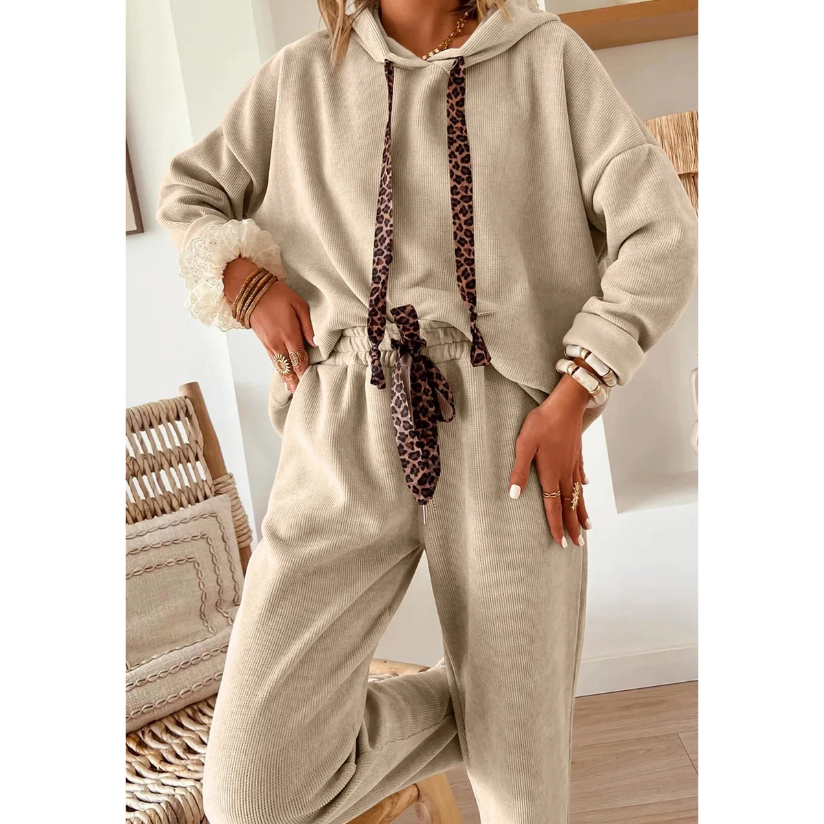 Andria Parchment Lace Drawstring Pullover Hoodie and High Waist Pants Corduroy Suit