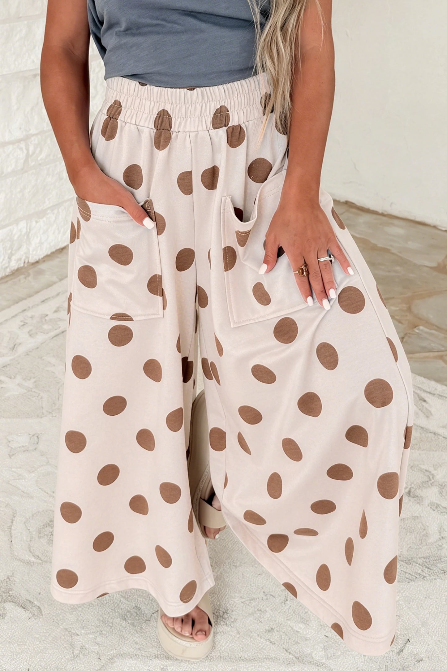 Joey Khaki/Brown Polka Dot Wide Leg Elastic Waist Casual Pants