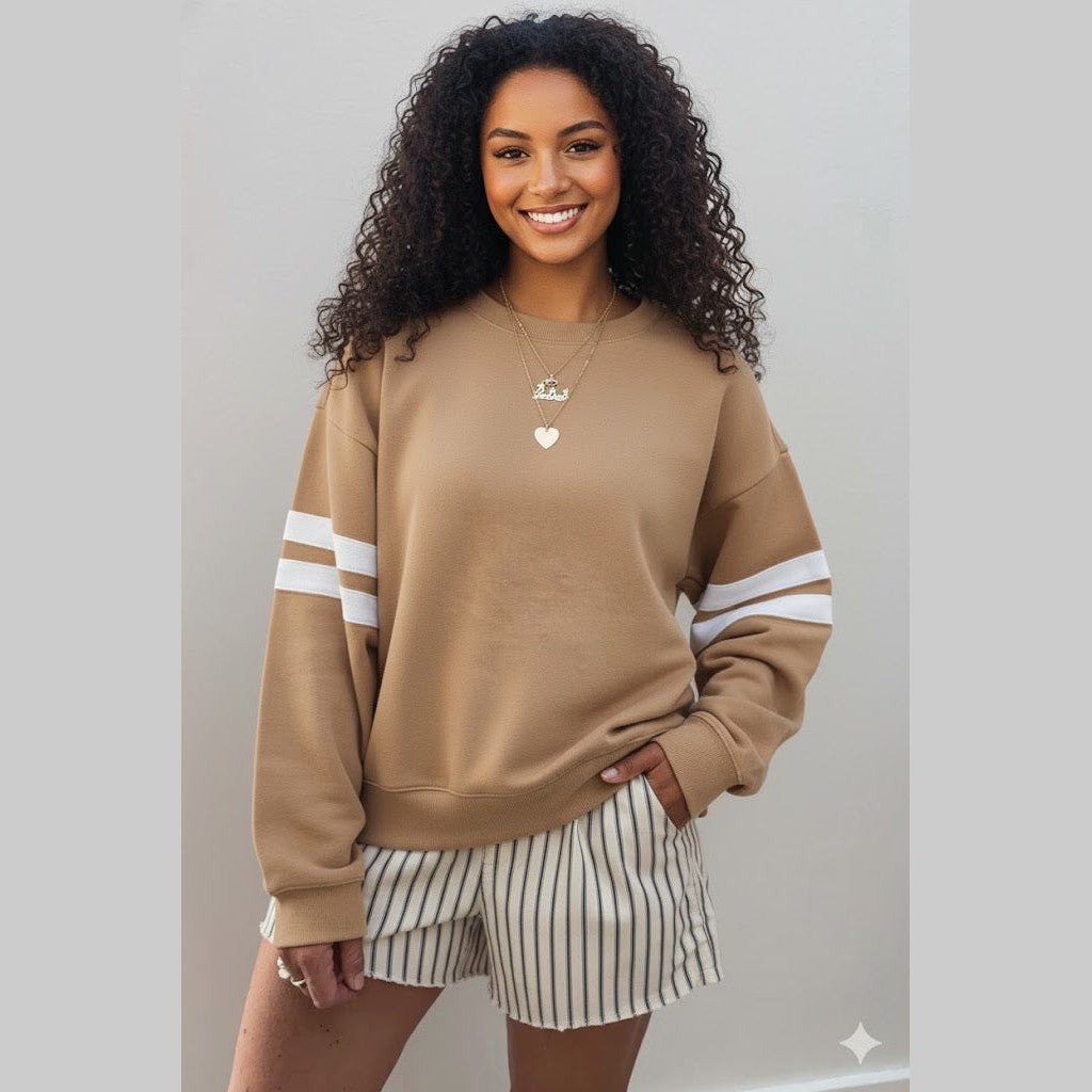French Beige Varsity Striped Detail Drop Shoulder Oversized Sweatshirt