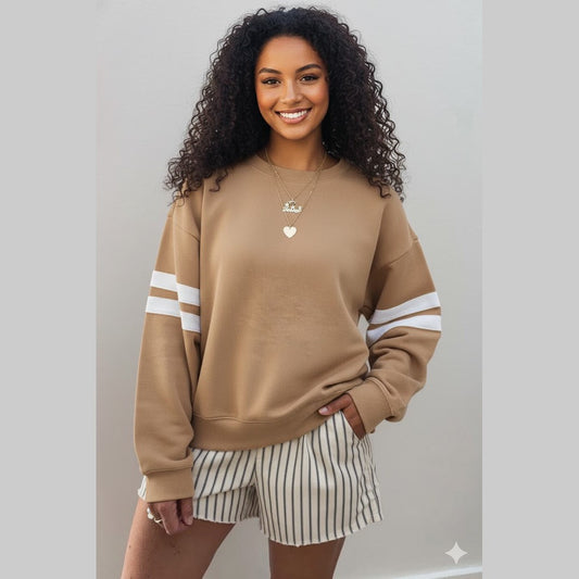 French Beige Varsity Striped Detail Drop Shoulder Oversized Sweatshirt