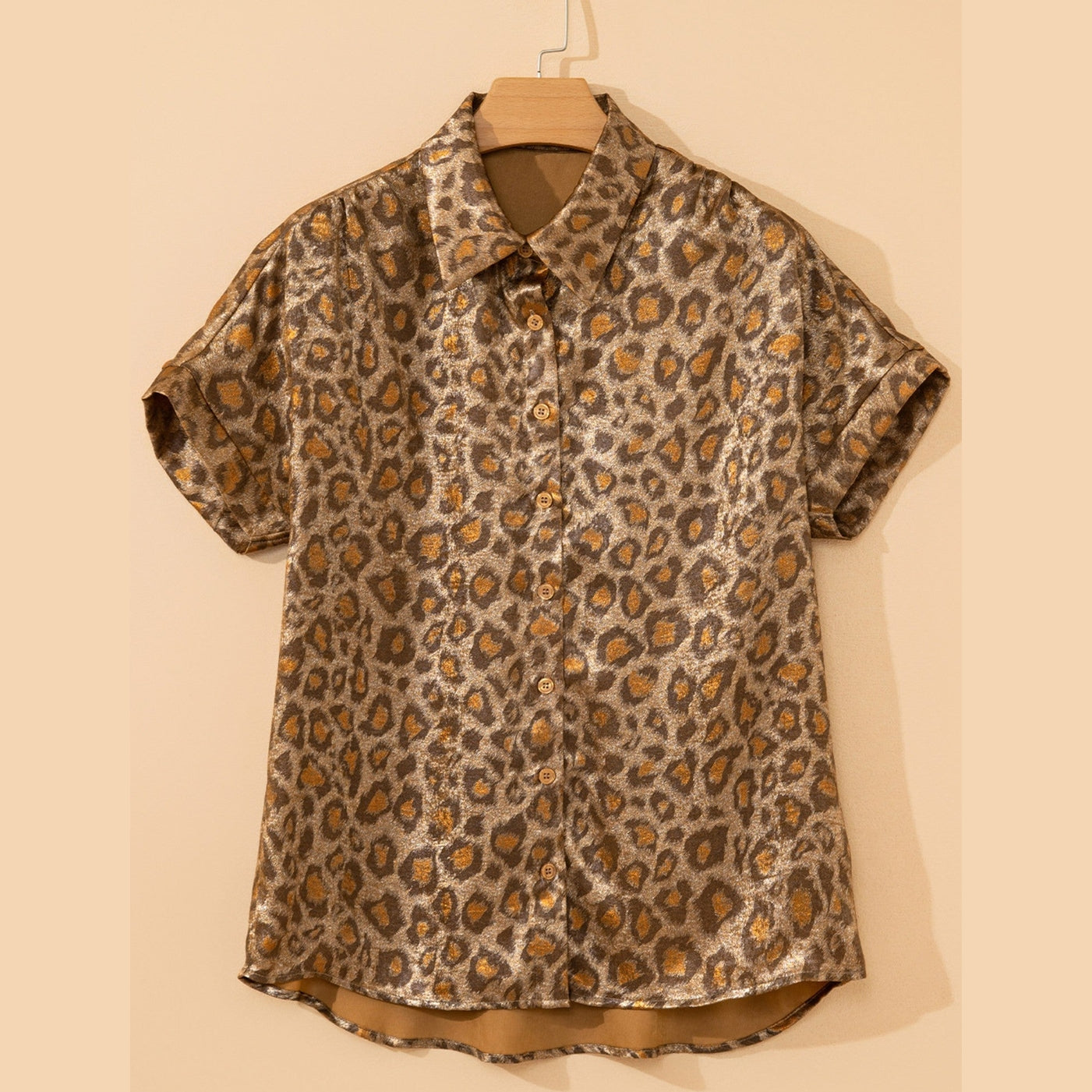 Khari Gold Metallic Leopard Short Sleeve Casual Shirt
