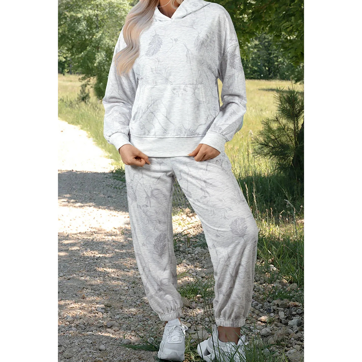 Kiandra Light Grey Abstract Print Loose Drop Sleeve Hoodie Elastic Waistband 2pcs Pant Set