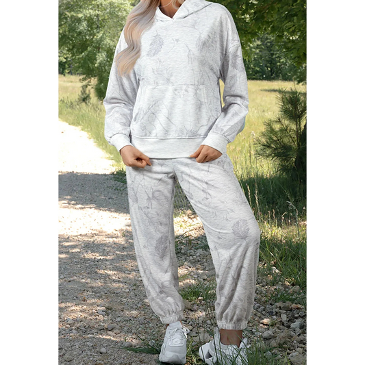 Kiandra Light Grey Abstract Print Loose Drop Sleeve Hoodie Elastic Waistband 2pcs Pant Set
