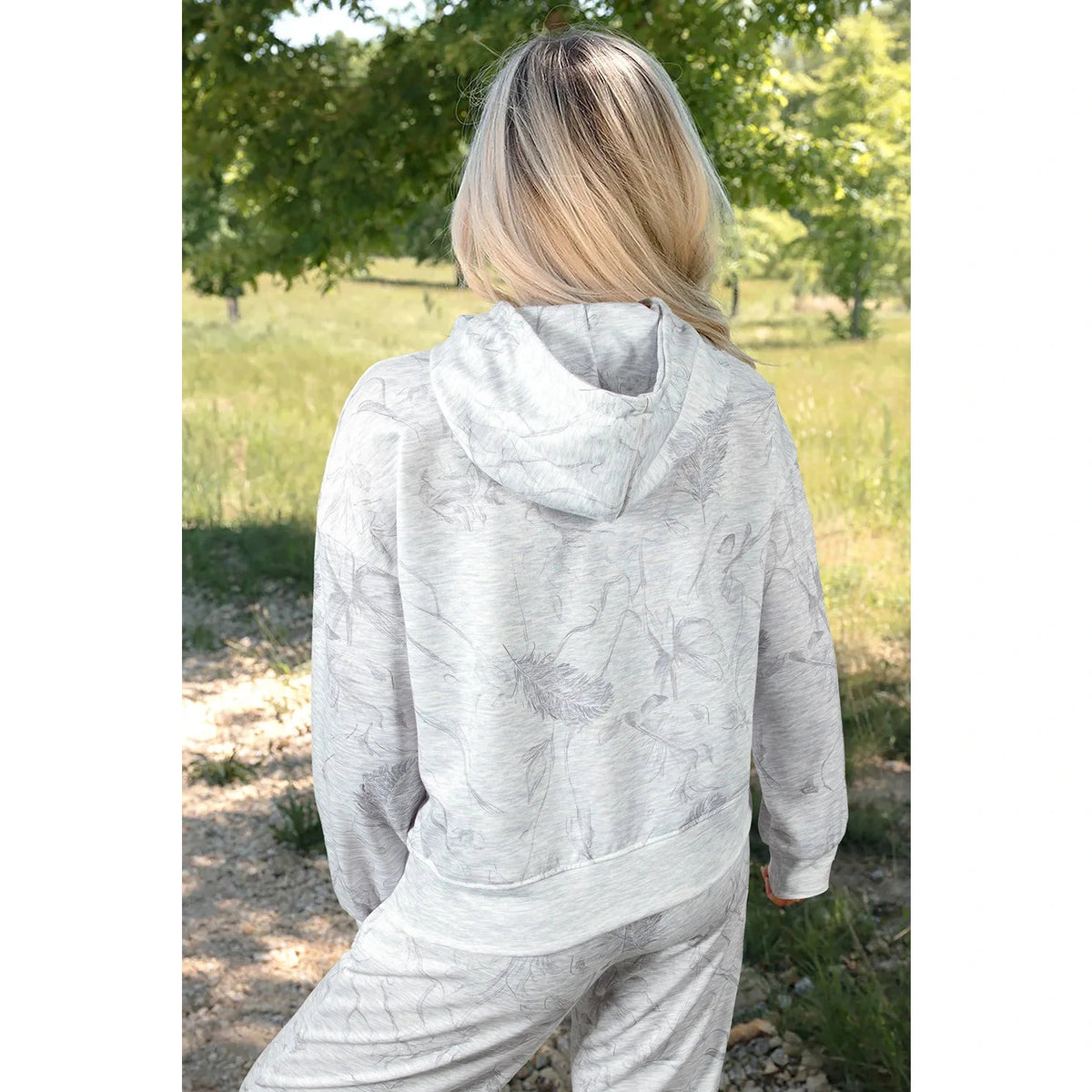 Kiandra Light Grey Abstract Print Loose Drop Sleeve Hoodie Elastic Waistband 2pcs Pant Set