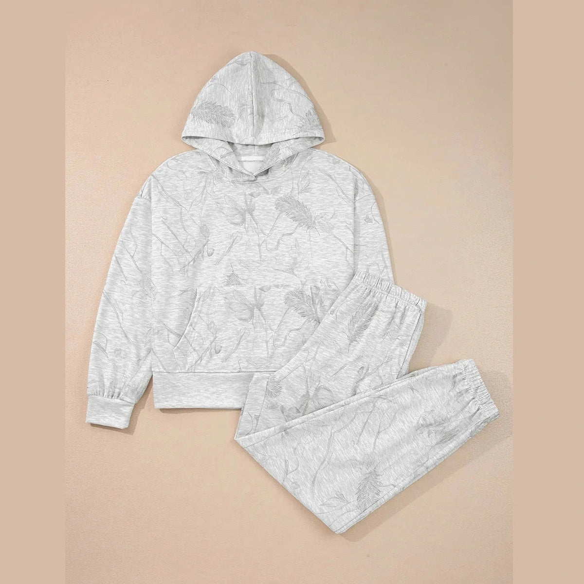 Kiandra Light Grey Abstract Print Loose Drop Sleeve Hoodie Elastic Waistband 2pcs Pant Set