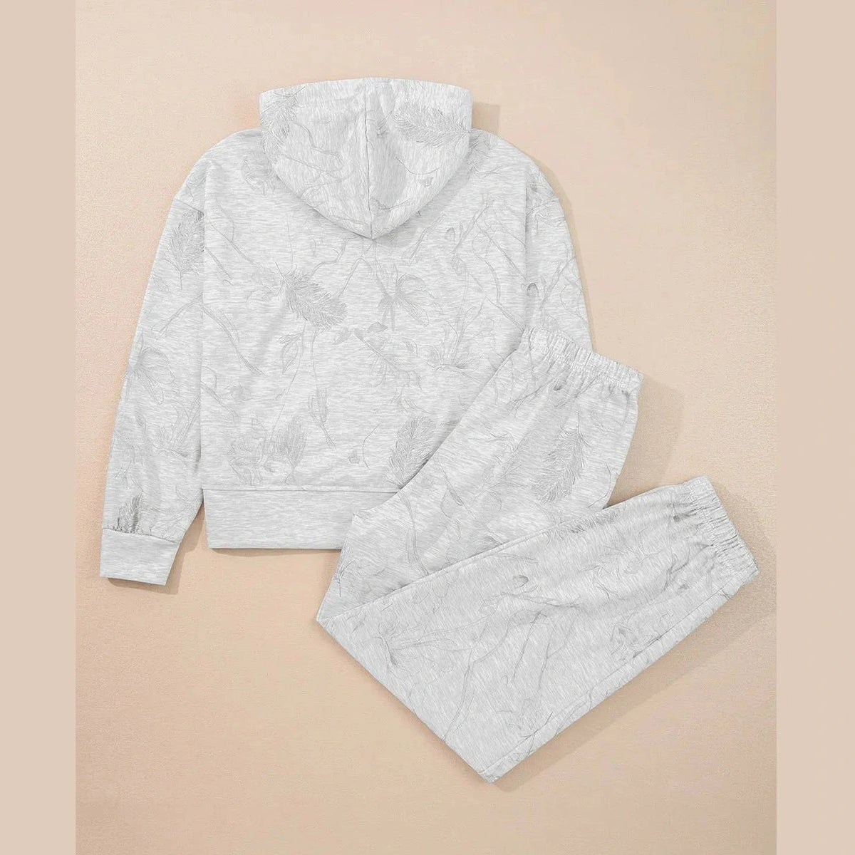Kiandra Light Grey Abstract Print Loose Drop Sleeve Hoodie Elastic Waistband 2pcs Pant Set