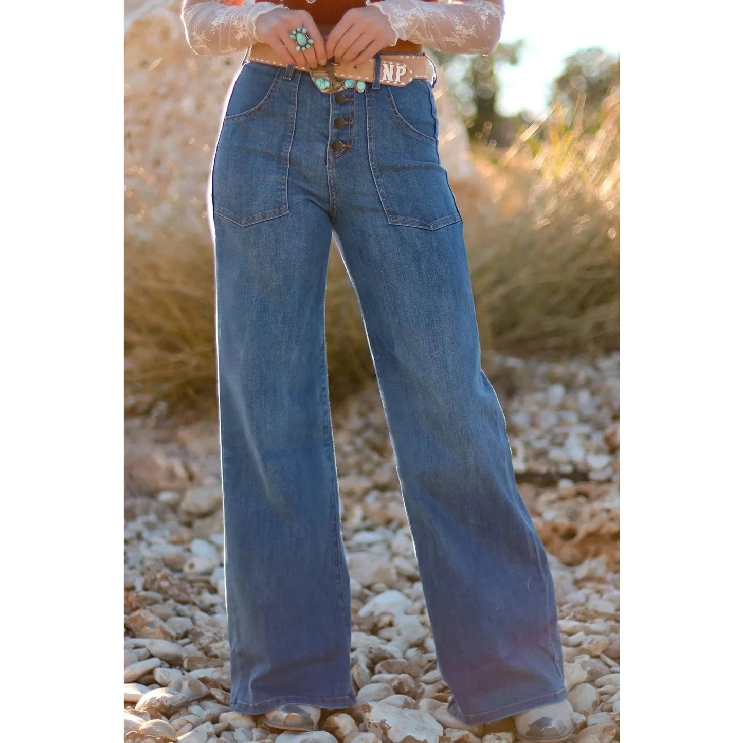 Kilby Multi Buttons High Waist Wide Leg Jeans With Pockets