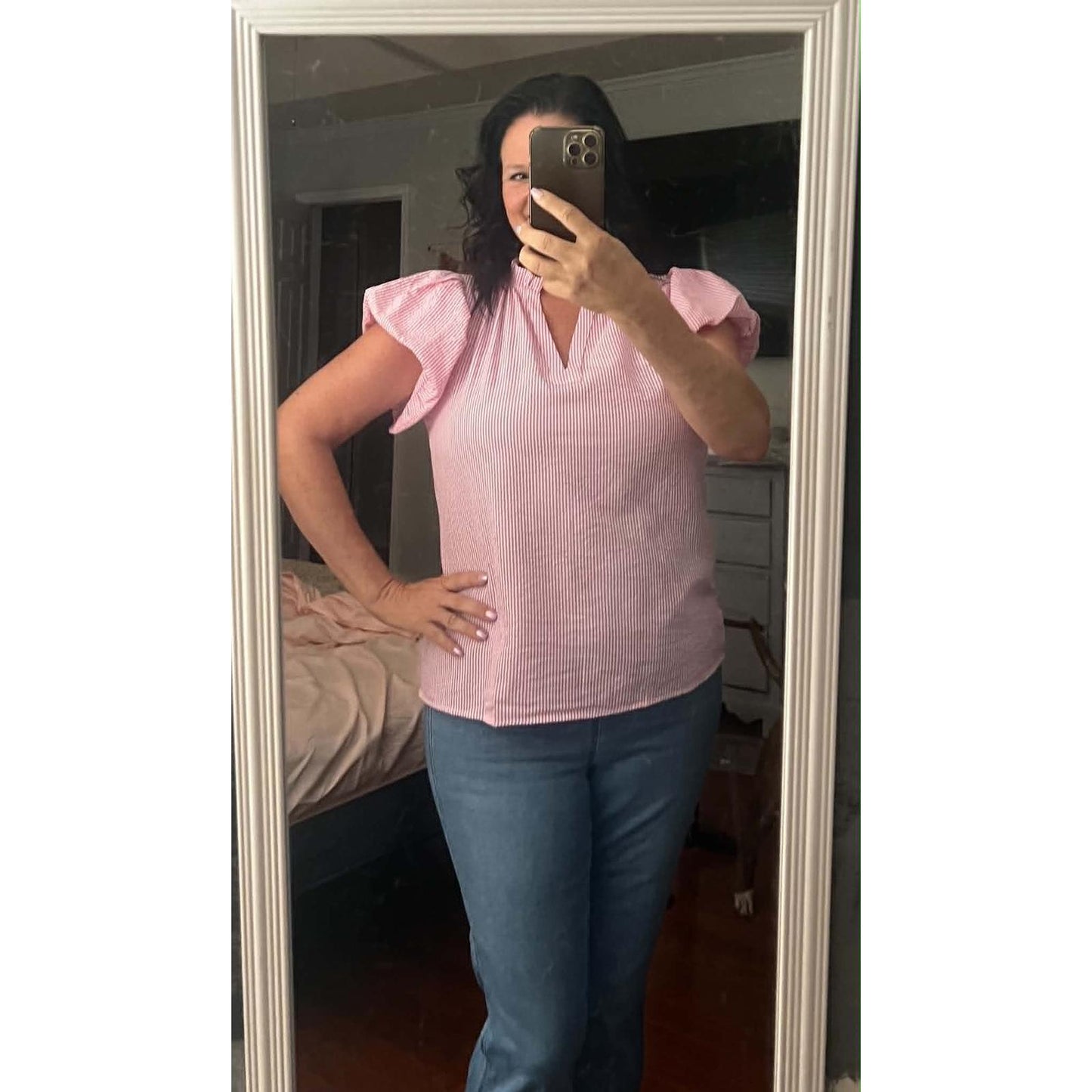 Chanler Stripe Short Bubble Sleeve Split V Neck Blouse