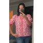 SALE!!!  Tanna Pink Poppy Flower Striped Print Color Block Trim V Neck Short Sleeve Blouse