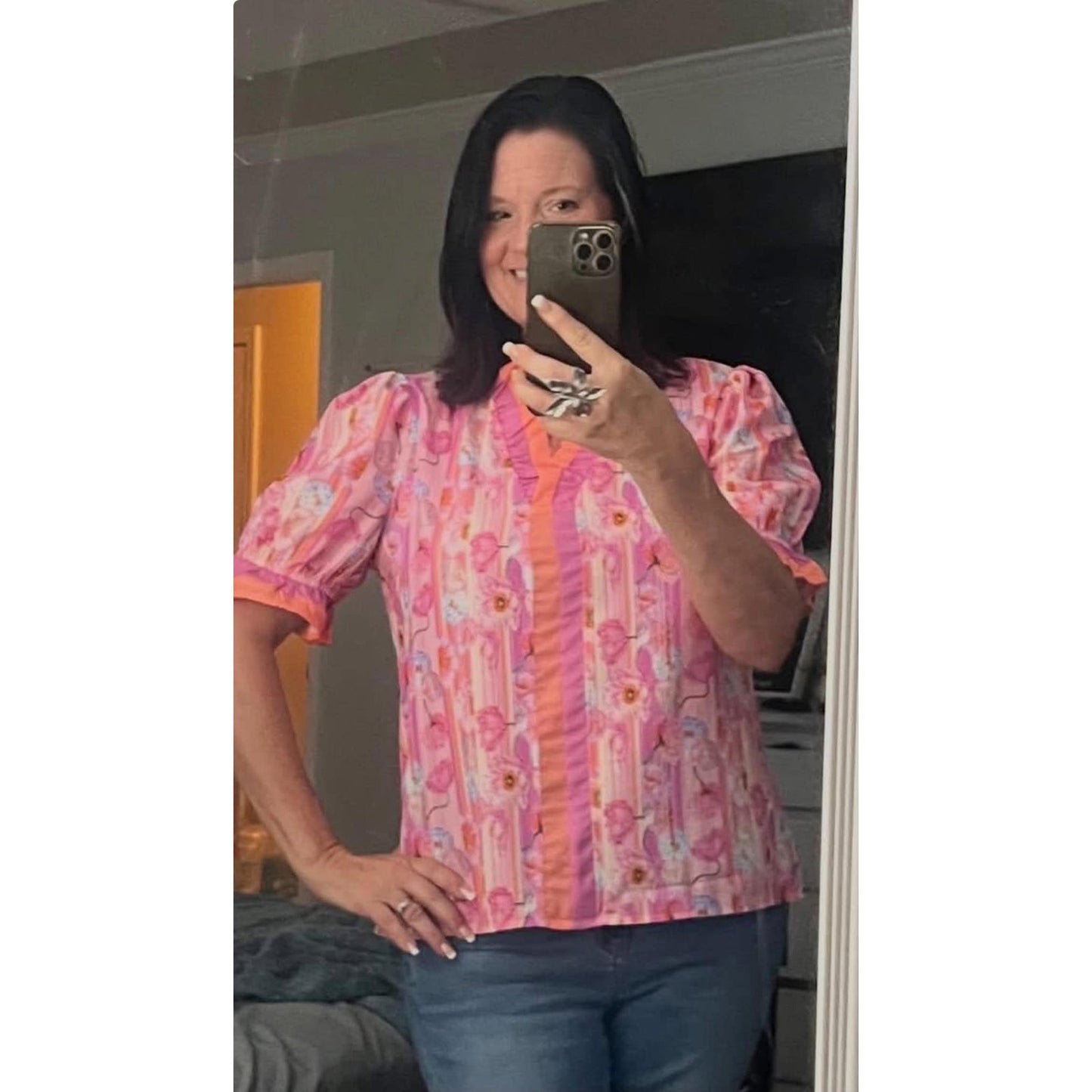 SALE!!!  Tanna Pink Poppy Flower Striped Print Color Block Trim V Neck Short Sleeve Blouse