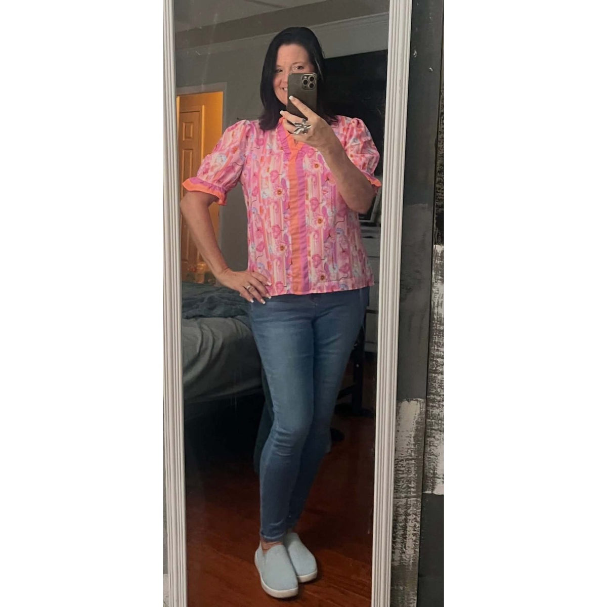 SALE!!!  Tanna Pink Poppy Flower Striped Print Color Block Trim V Neck Short Sleeve Blouse