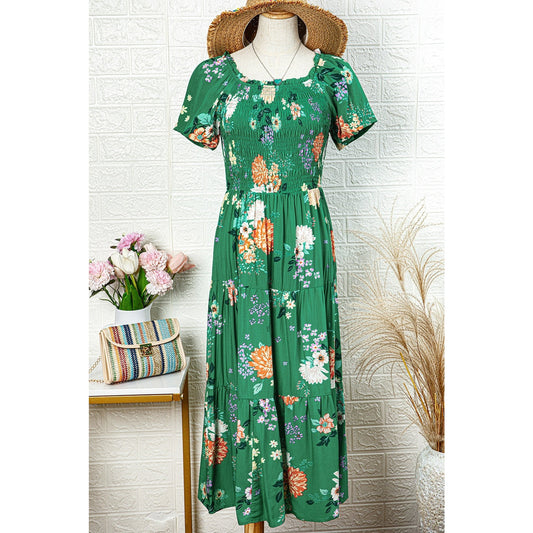 Kimber Green Floral Print Bubble Sleeve Smocked Tiered Midi Dress