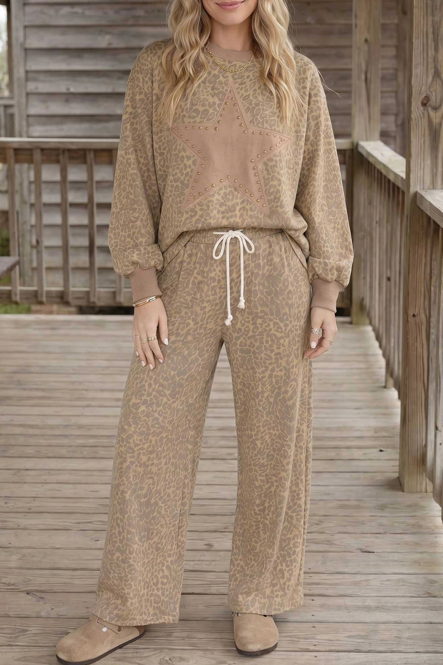 Kimmie Khaki Leopard Star Print Long Sleeve Loose Casual Two Piece Pants Set