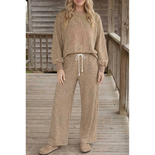 Kimmie Khaki Leopard Star Print Long Sleeve Loose Casual Two Piece Pants Set