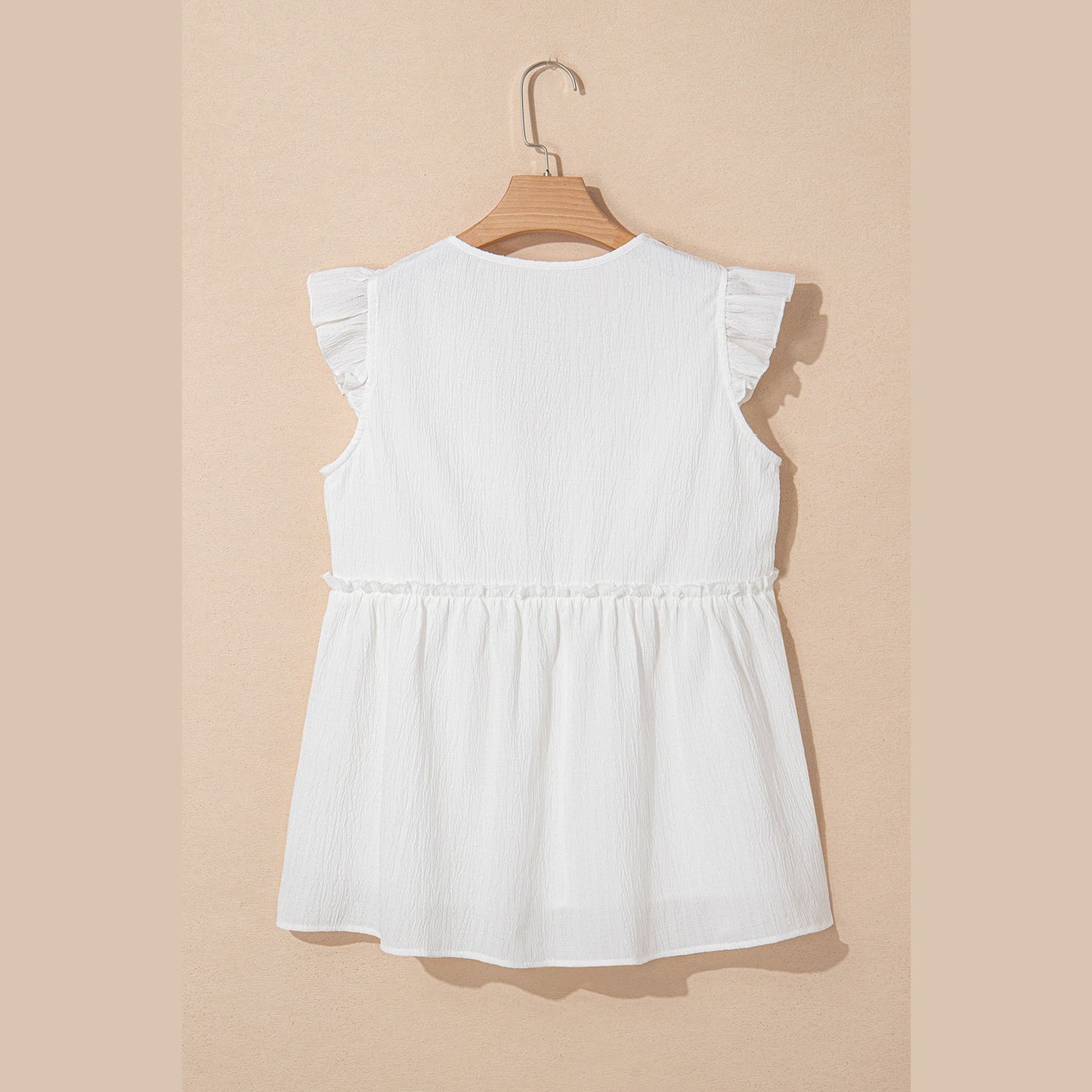 Kimmie White Textured Ruffled Trim V Neck Flutter Flowy Top