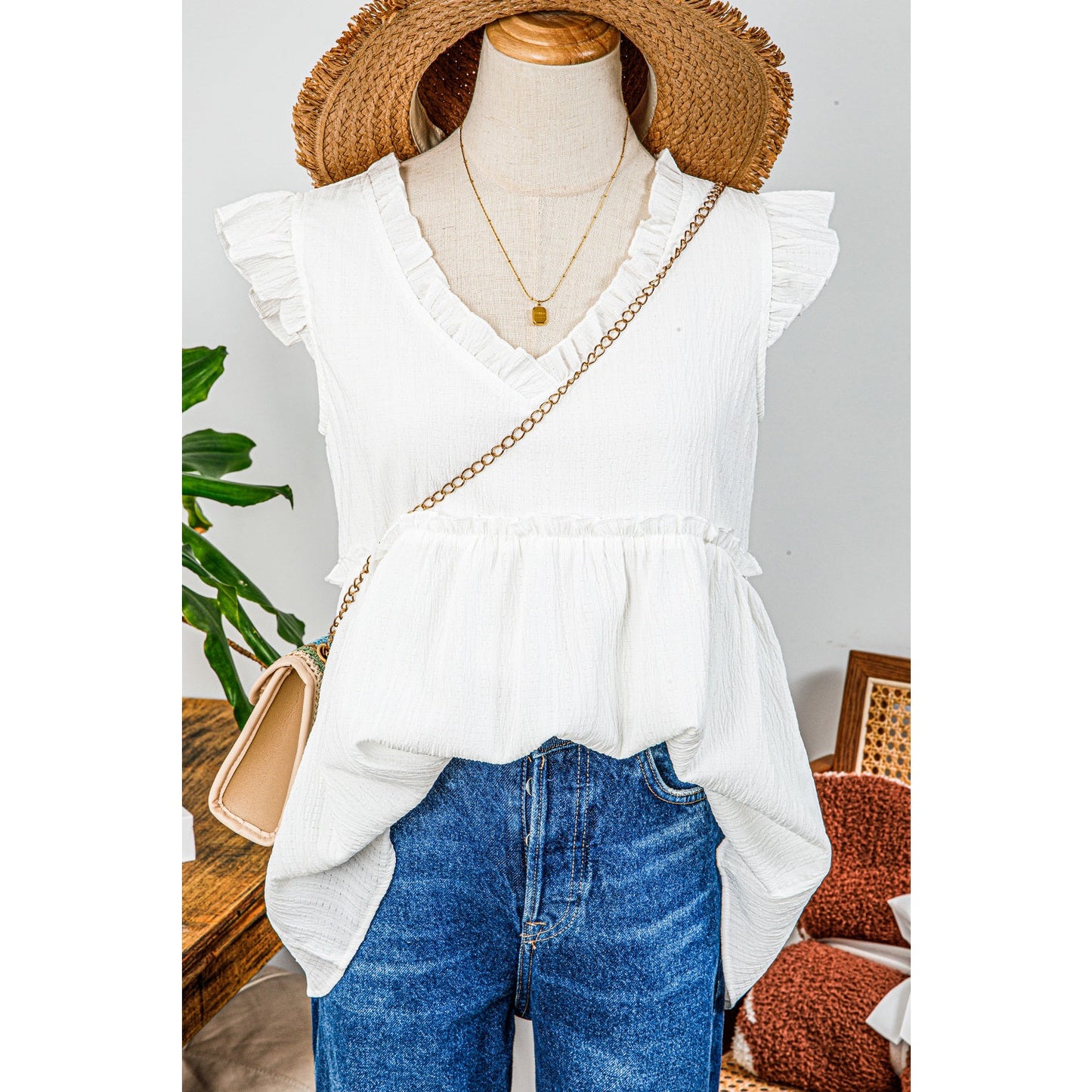 Kimmie White Textured Ruffled Trim V Neck Flutter Flowy Top