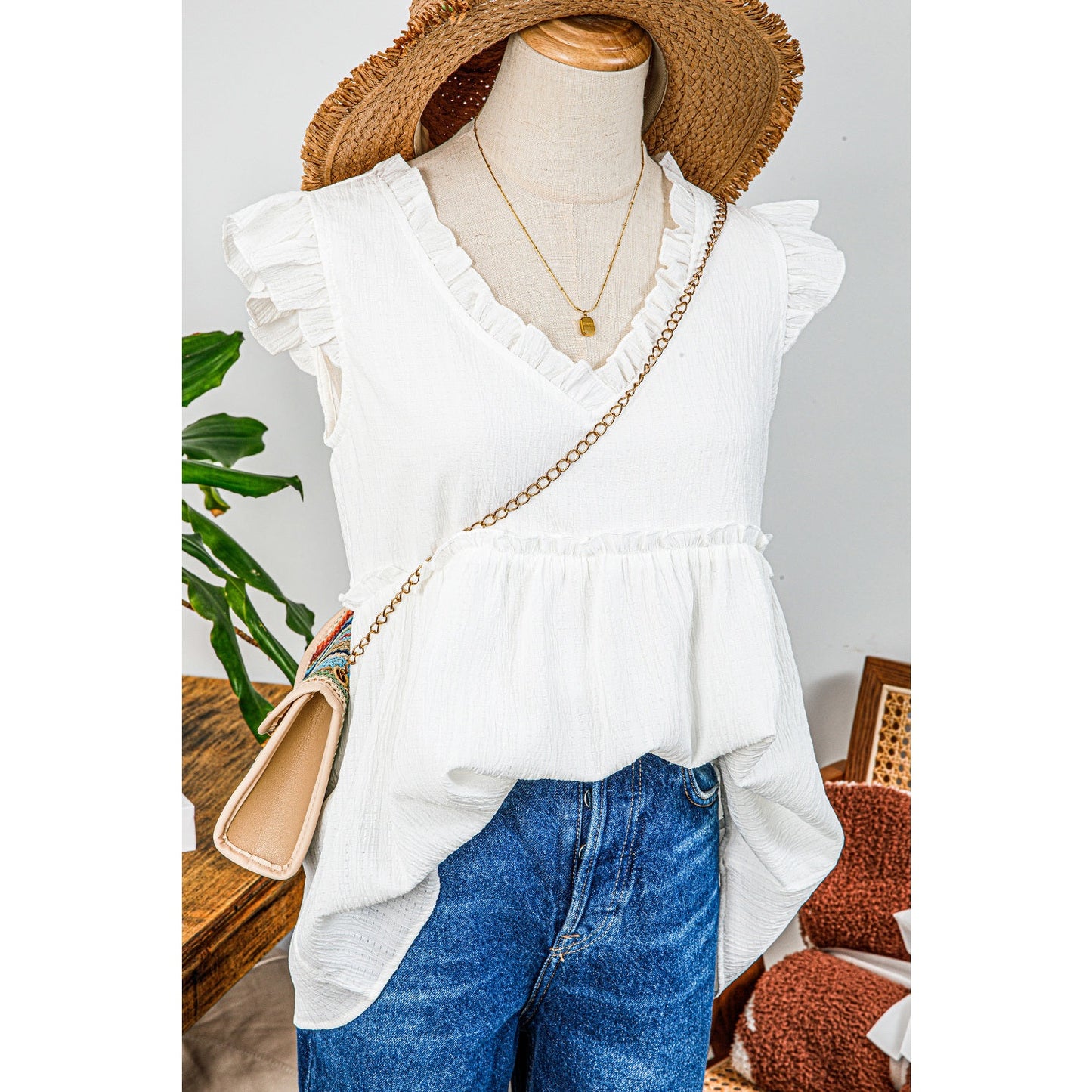 Kimmie White Textured Ruffled Trim V Neck Flutter Flowy Top
