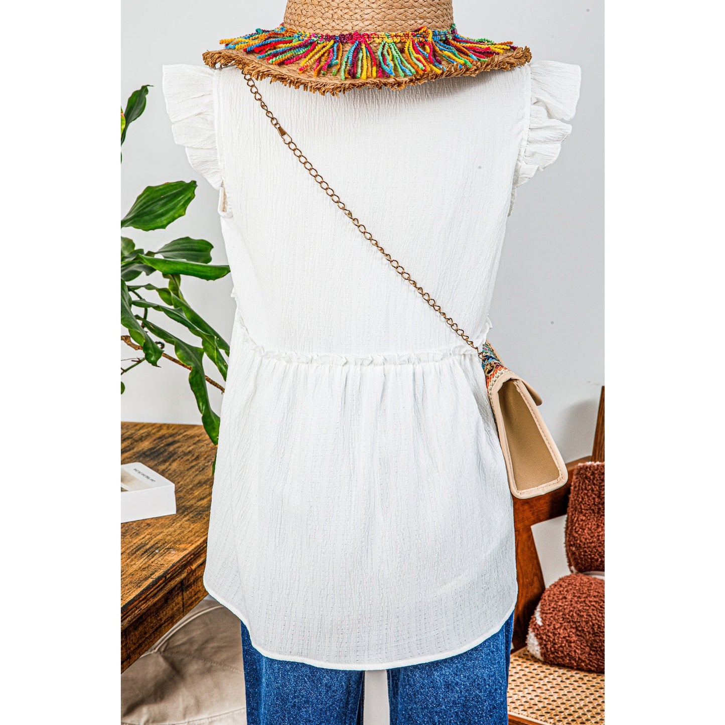 Kimmie White Textured Ruffled Trim V Neck Flutter Flowy Top
