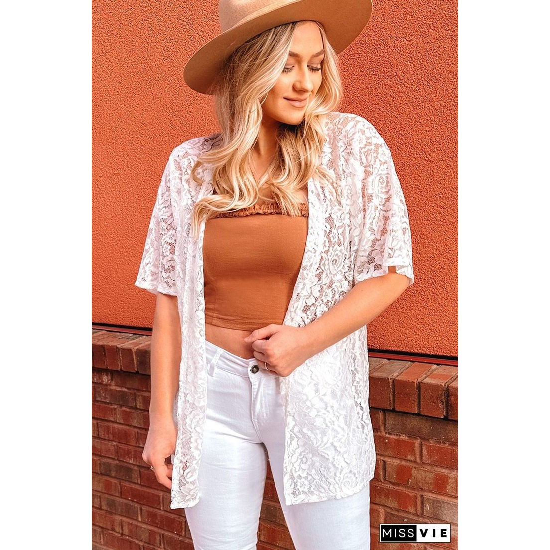 RTS White Floral Lace Crochet Short Sleeve Open Front Kimono