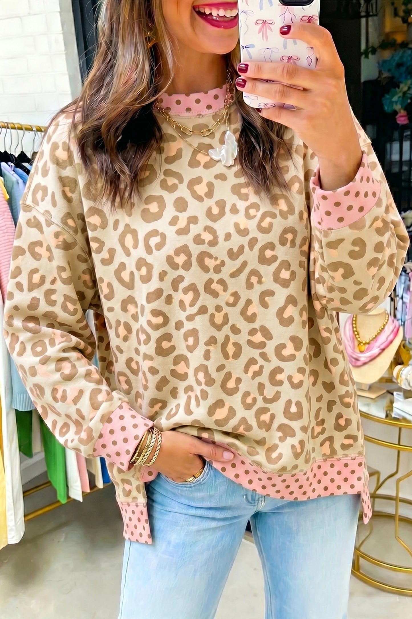 Kimora Khaki Leopard Polka Dot Colorblock Trim Long Sleeve Top