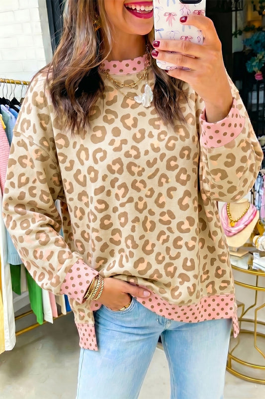 Kimora Khaki Leopard Polka Dot Colorblock Trim Long Sleeve Top