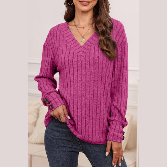 Kinley Hot Pink Ribbed V Neck Sweater