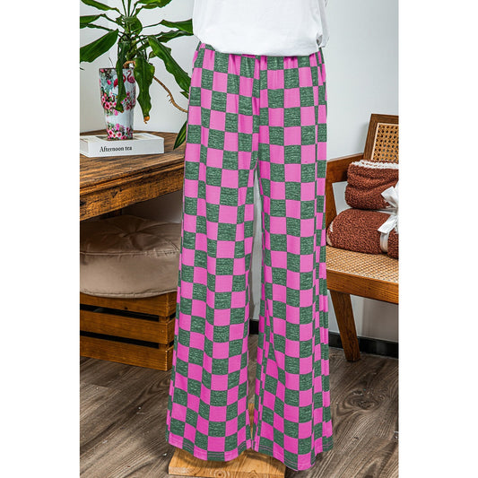 Kinney Green 2-Tone Checked Print High Waist Wide Leg Pants
