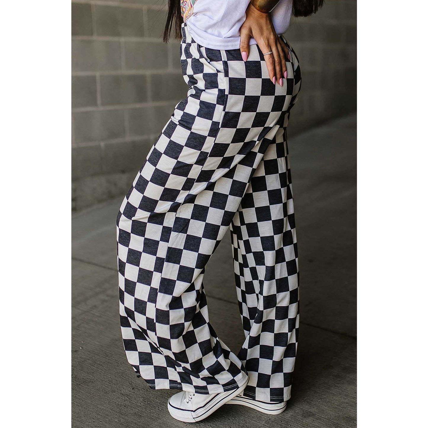 RTS Kinney Black 2-Tone Checked Print High Waist Wide Leg Pants