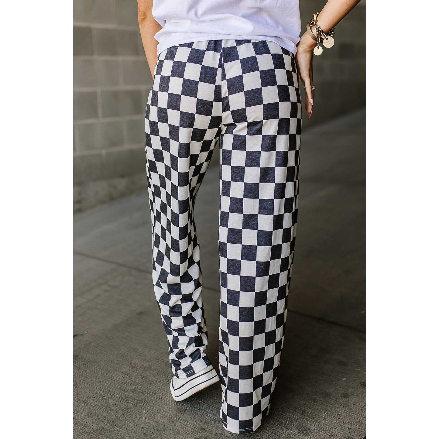 RTS Kinney Black 2-Tone Checked Print High Waist Wide Leg Pants