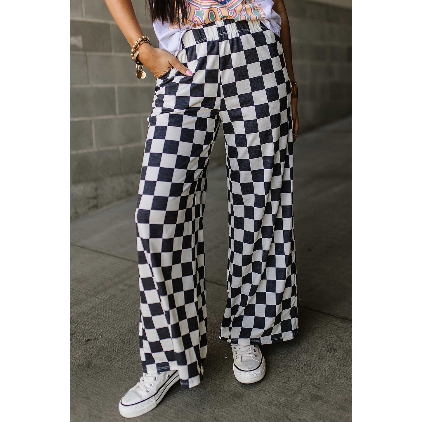 RTS Kinney Black 2-Tone Checked Print High Waist Wide Leg Pants