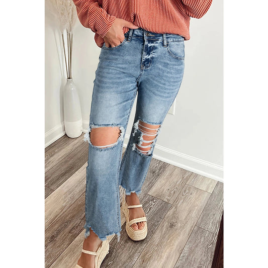 Kinsey Raw Hem Ripped Open Knee Fit Flare Jean