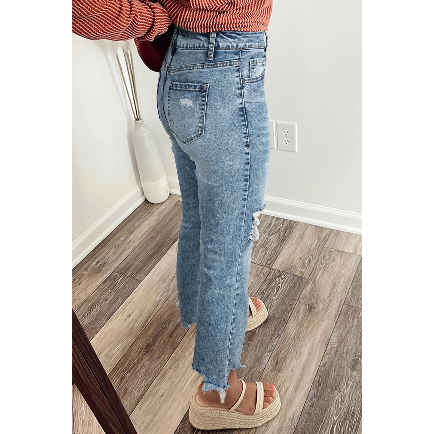 Kinsey Raw Hem Ripped Open Knee Fit Flare Jean