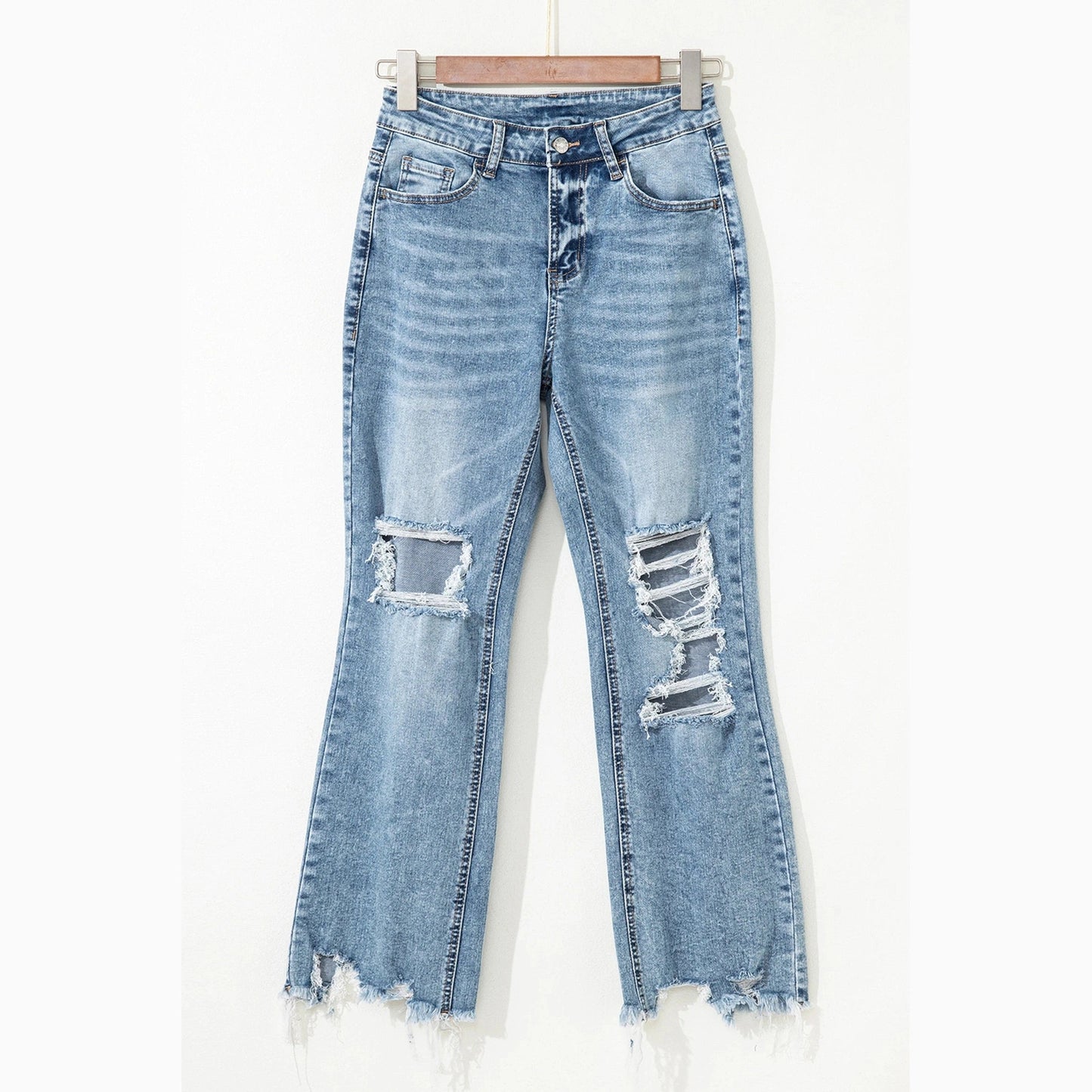 Kinsey Raw Hem Ripped Open Knee Fit Flare Jean