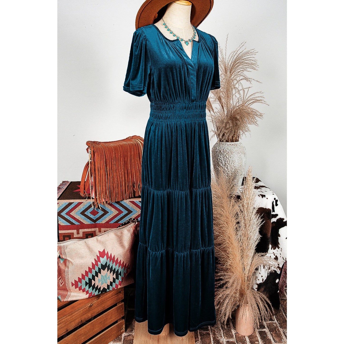 Kinzie Blue Velvet Short Sleeve Shirred Waist Tiered Maxi Dress