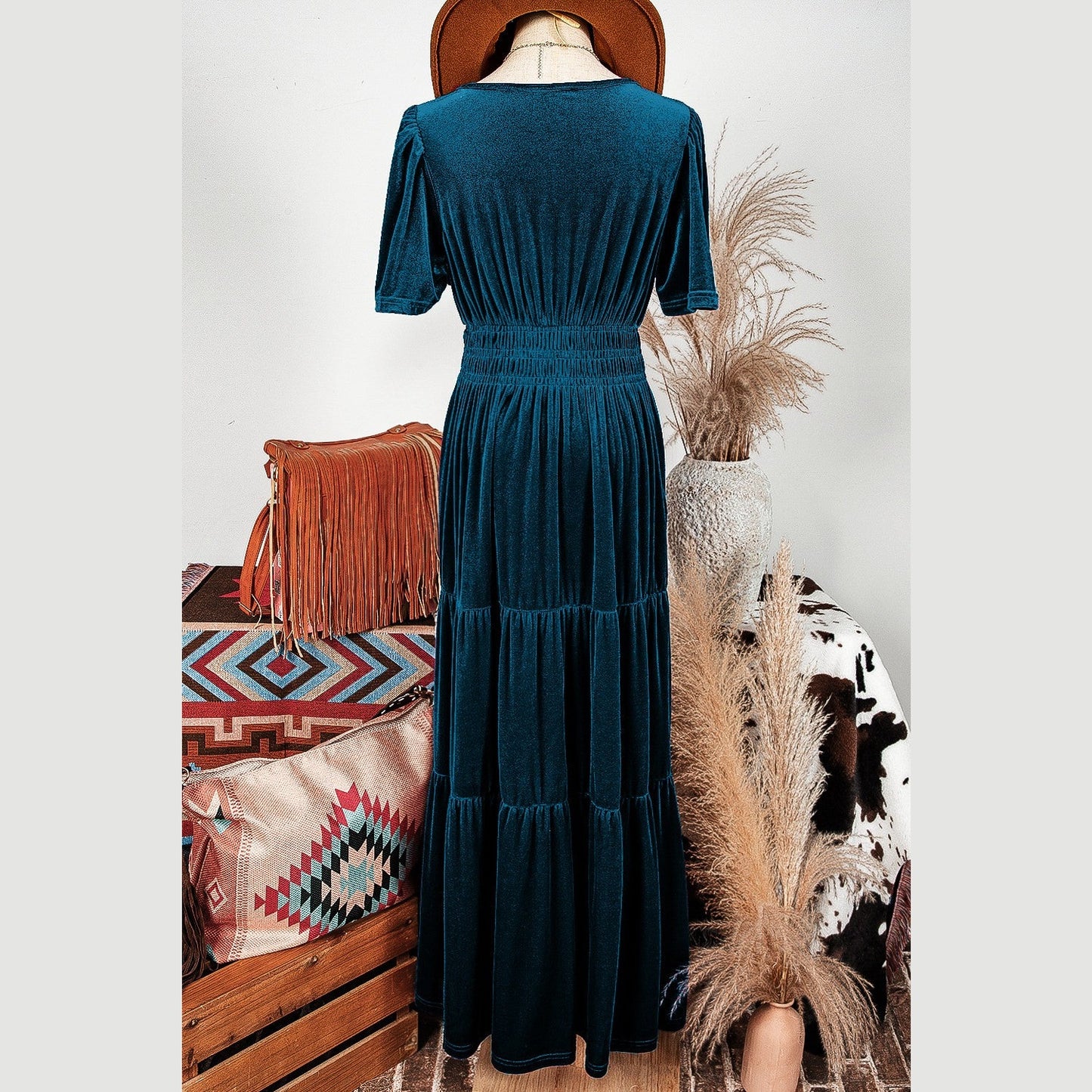 Kinzie Blue Velvet Short Sleeve Shirred Waist Tiered Maxi Dress