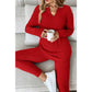 Kirky Red Ribbed Notched Neck Knit Long Sleeve Leggings Two Pieces Lounge Set