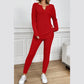 Kirky Red Ribbed Notched Neck Knit Long Sleeve Leggings Two Pieces Lounge Set